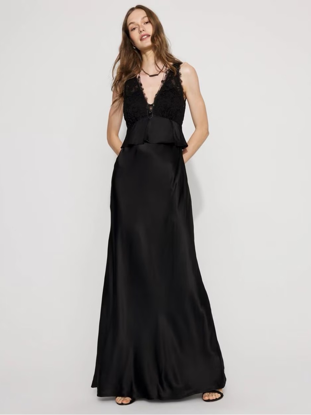 White House Black Market Black Lace Bodice Satin Peplum Gown